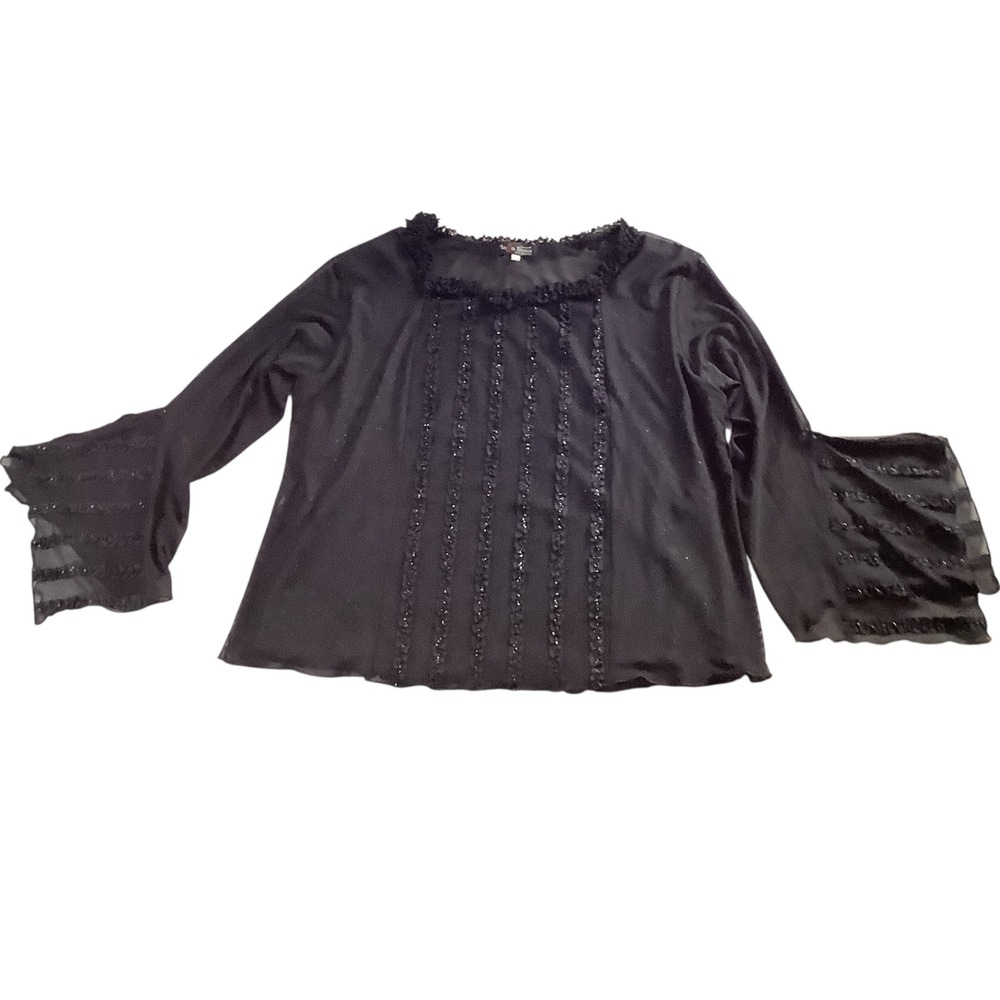 Bella Dona Blouse Women XL Black Metallic Shimmer Whimsgoth Ruffle Bell Sleeve‎